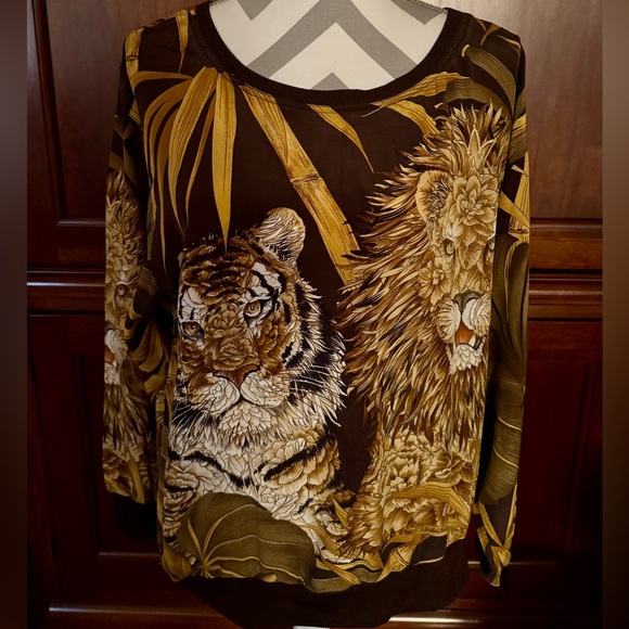Vintage Salvadore Ferragamo 100% Silk Lion Tiger Blouse M RARE - Picture 1 of 13